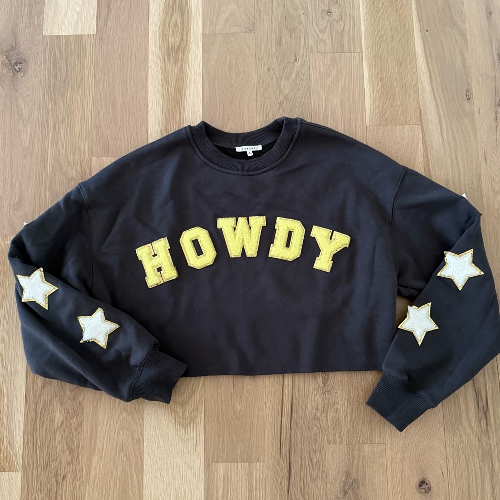 Baevely HOWDY Appliqué Cropped Sparkle Crewneck Sweatshirt Oversized Small